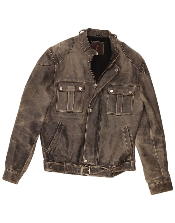 Conbipel Mens Leather Racer Jacket IT 48 Medium Grey
