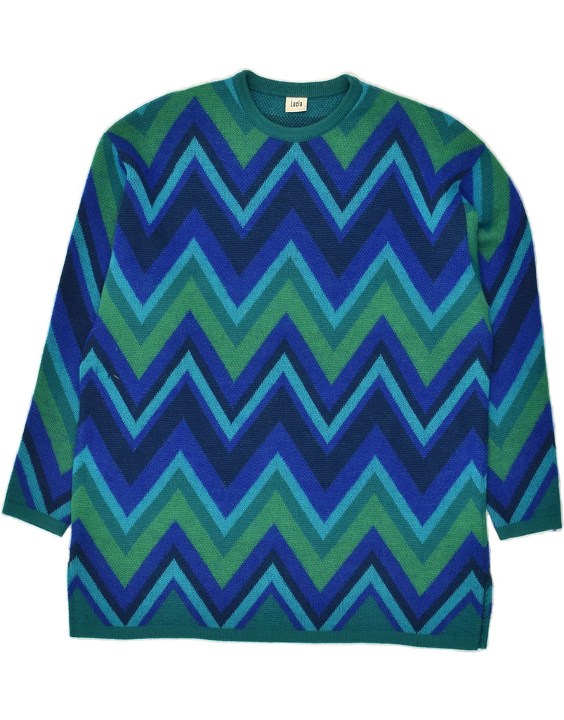 LUCIA Womens Crew Neck Jumper Sweater UK 16 Large Blue Chevron Polyacrylic Vintage Lucia and Second-Hand Lucia from Messina Hembry 