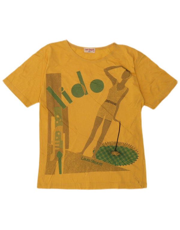 Laura Biagiotti Womens Graphic T-Shirt Top UK 10 Small Yellow Cotton