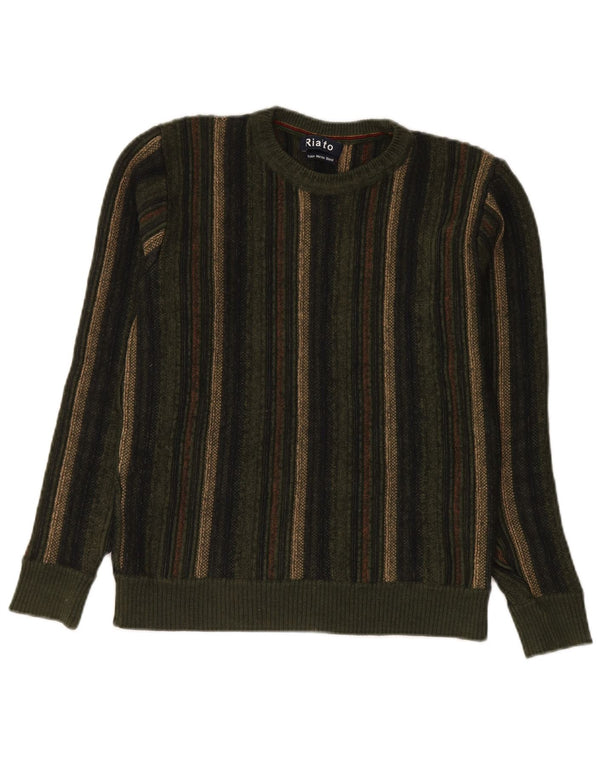 Vintage Mens Crew Neck Jumper Sweater Small Green Striped Merino Wool