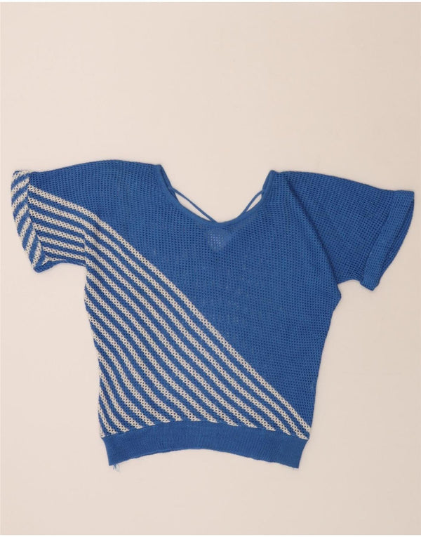 VINTAGE Womens See Through Boat Neck Jumper Sweater UK 14 Large Blue