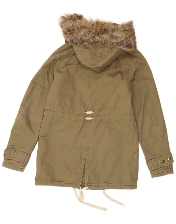 Animal Womens Hooded Parka Jacket UK 6 XS  Khaki Cotton
