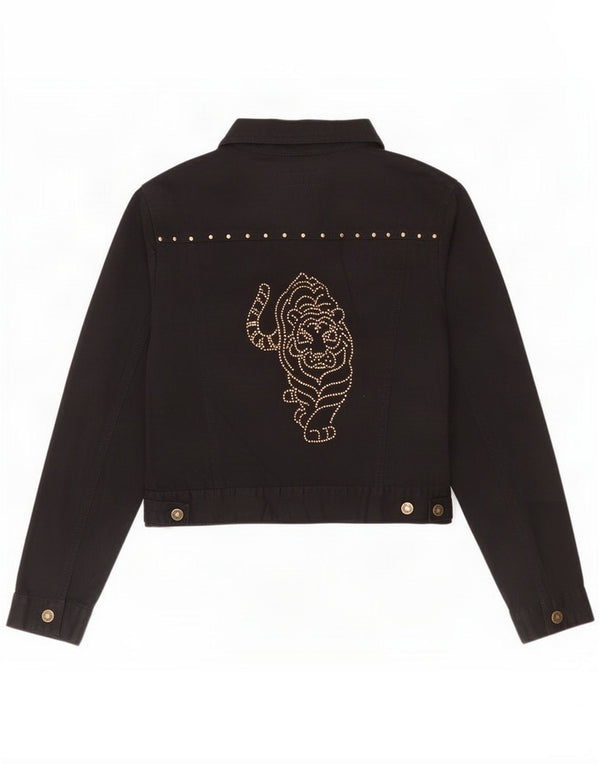John F Gee Womens Denim Jacket UK 12 Medium Black Animal Print Cotton