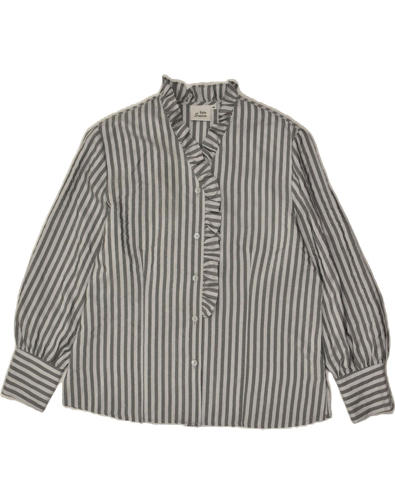 BELLE SURPRISE Womens Ruffle Front Shirt IT 46 Large Grey Striped | Vintage Belle Surprise | Thrift | Second-Hand Belle Surprise | Used Clothing | Messina Hembry 