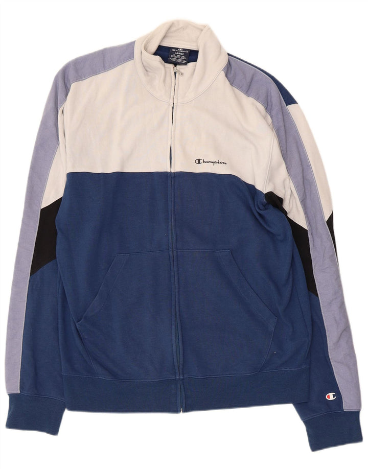 CHAMPION Mens Tracksuit Top Jacket Large Navy Blue Colourblock Cotton
