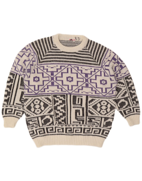 Vintage Mens Crew Neck Jumper Sweater Large White Geometric Wool
