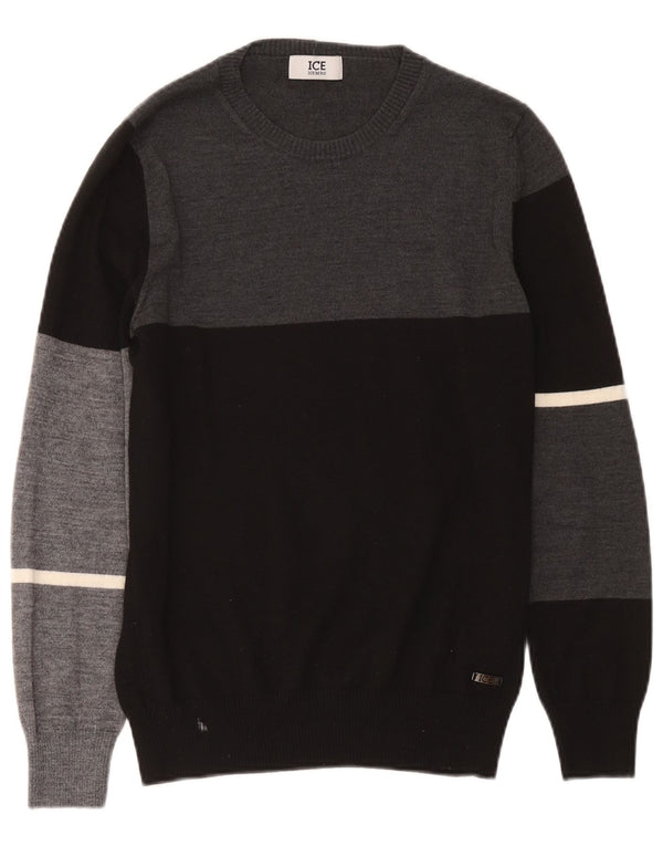 Iceberg Mens Crew Neck Jumper Sweater Medium Black Colourblock Wool