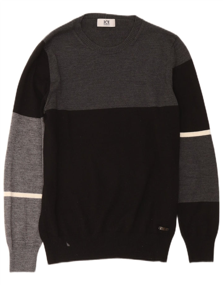 Iceberg Mens Crew Neck Jumper Sweater Medium Black Colourblock Wool