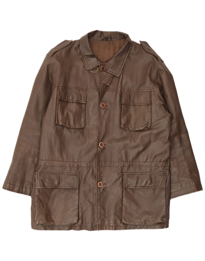 L.Lambertazzi Mens Military Leather Coat IT 48 Medium Brown Leather