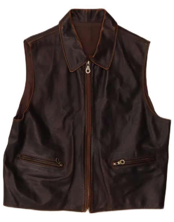Vintage Mens Leather Waistcoat Medium Brown