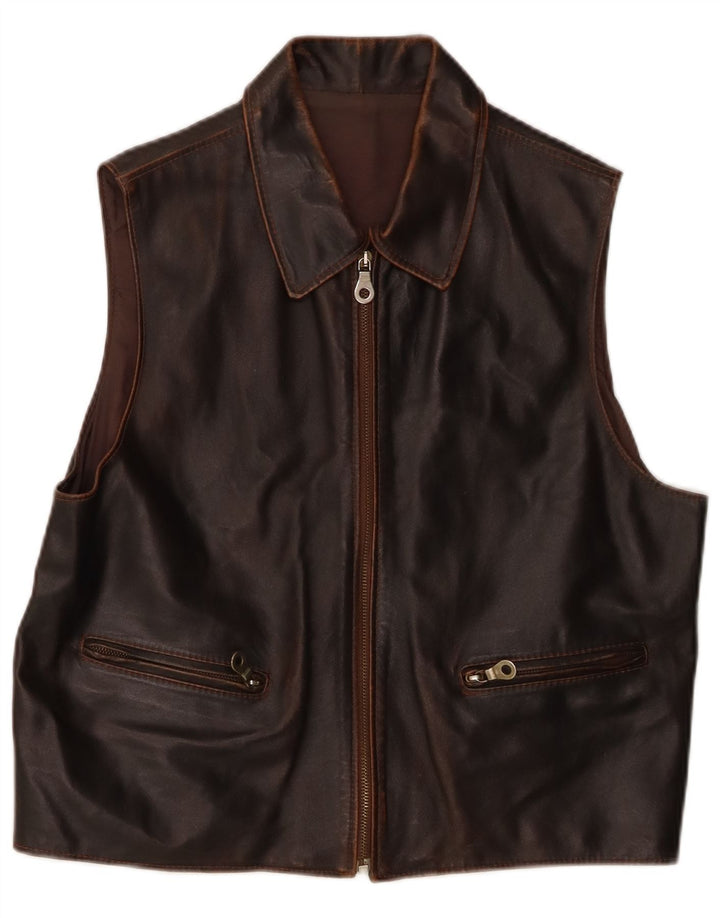 Vintage Mens Leather Waistcoat Medium Brown