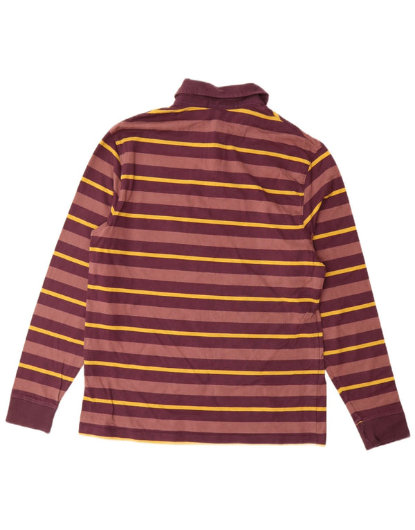 French Connection Mens Long Sleeve Polo Shirt Large Burgundy Striped Cotton