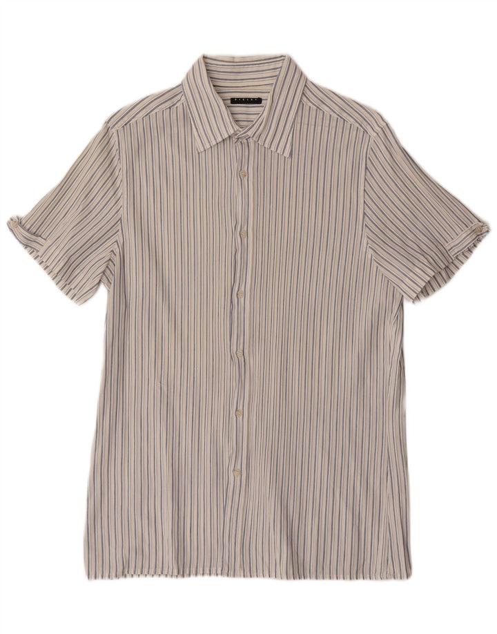 Sisley Mens Short Sleeve Shirt Medium Off White Pinstripe