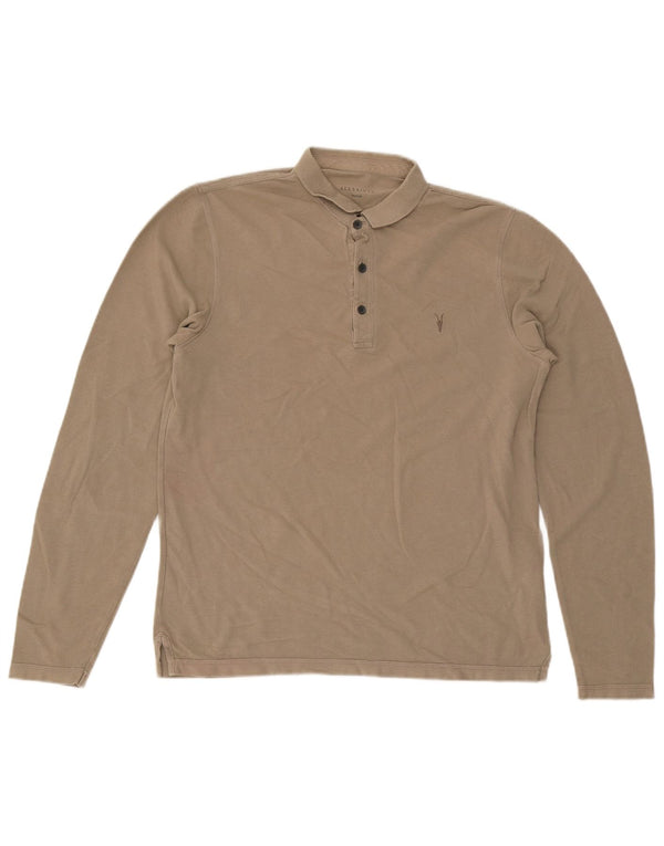 All Saints Mens Long Sleeve Polo Shirt Medium Beige Cotton