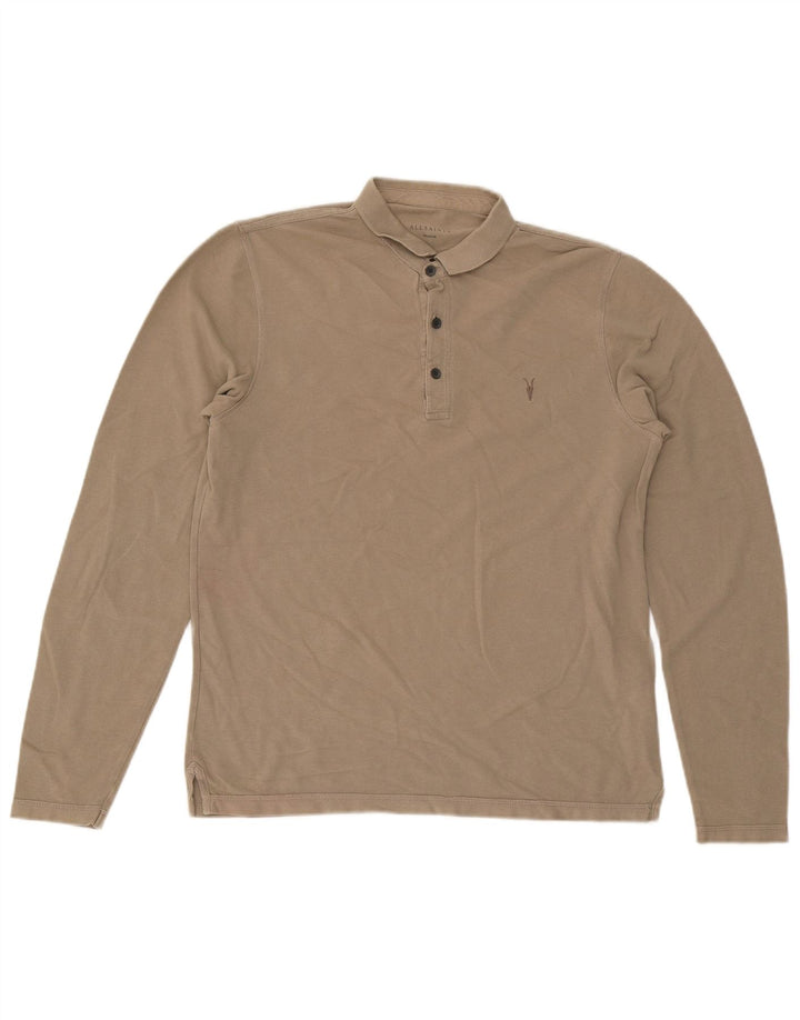 All Saints Mens Long Sleeve Polo Shirt Medium Beige Cotton