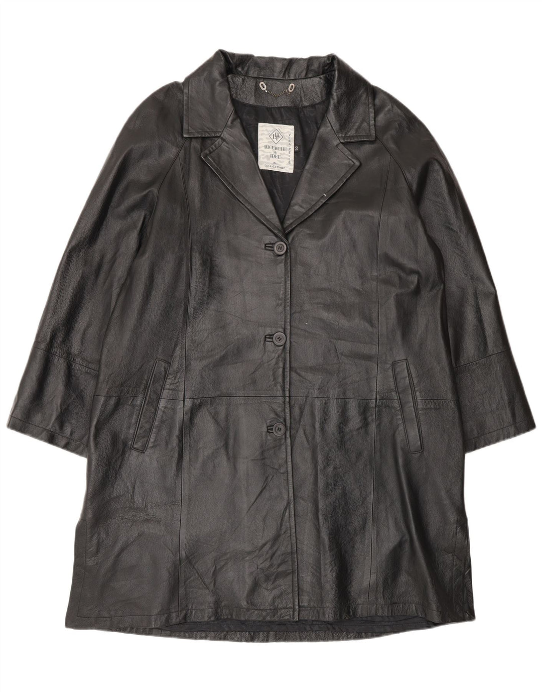 Vintage Womens Oversized Leather Coat IT 50 XL Black Leather
