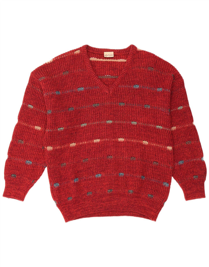 FIUME Mens V-Neck Jumper Sweater IT 52 Large Burgundy Striped Wool