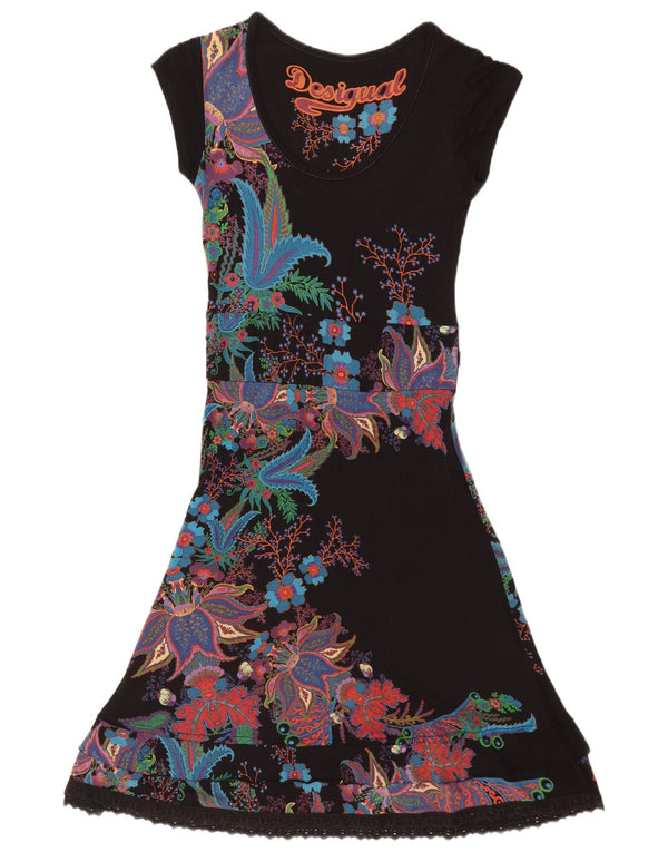 Desigual Womens Graphic A-Line Dress UK 8 Small Black Floral Viscose