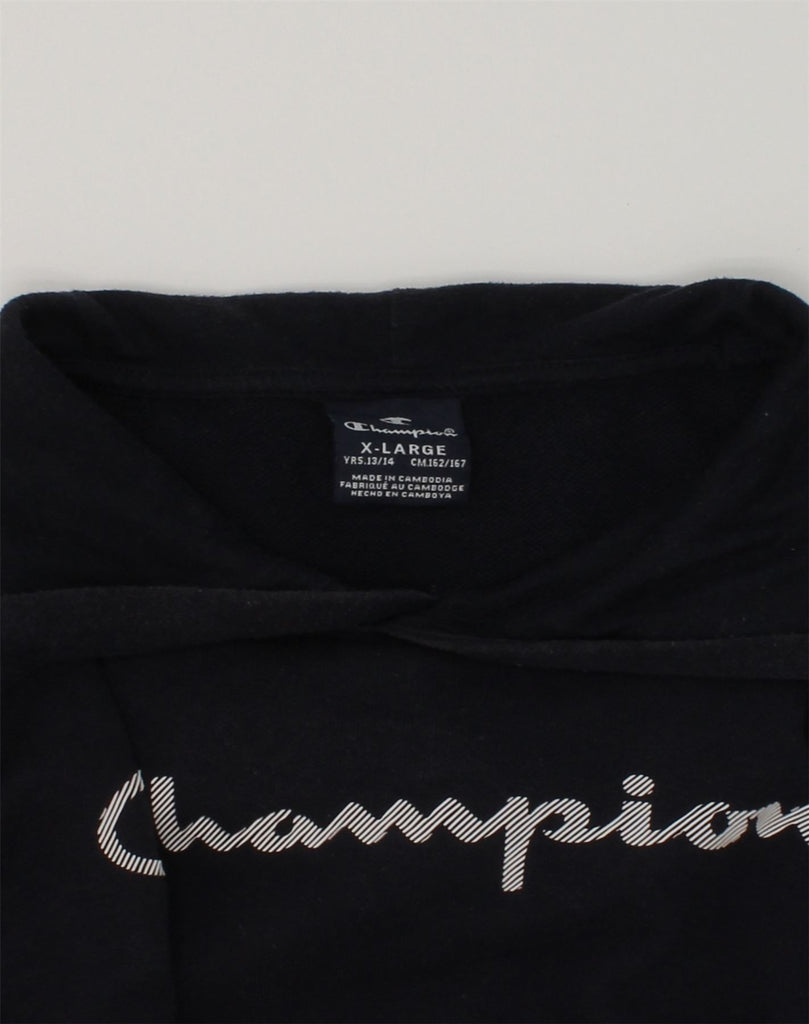 CHAMPION Girls Graphic Hoodie Jumper 13-14 Years XL Black Cotton | Vintage Champion | Thrift | Second-Hand Champion | Used Clothing | Messina Hembry 