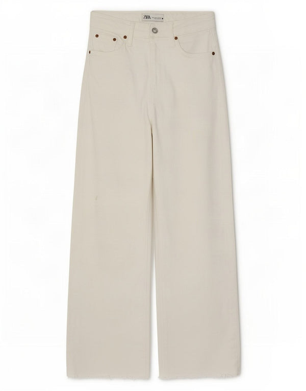 Zara Womens High Waist Wide Leg Jeans EU 34 2XS W24 L26 White Cotton