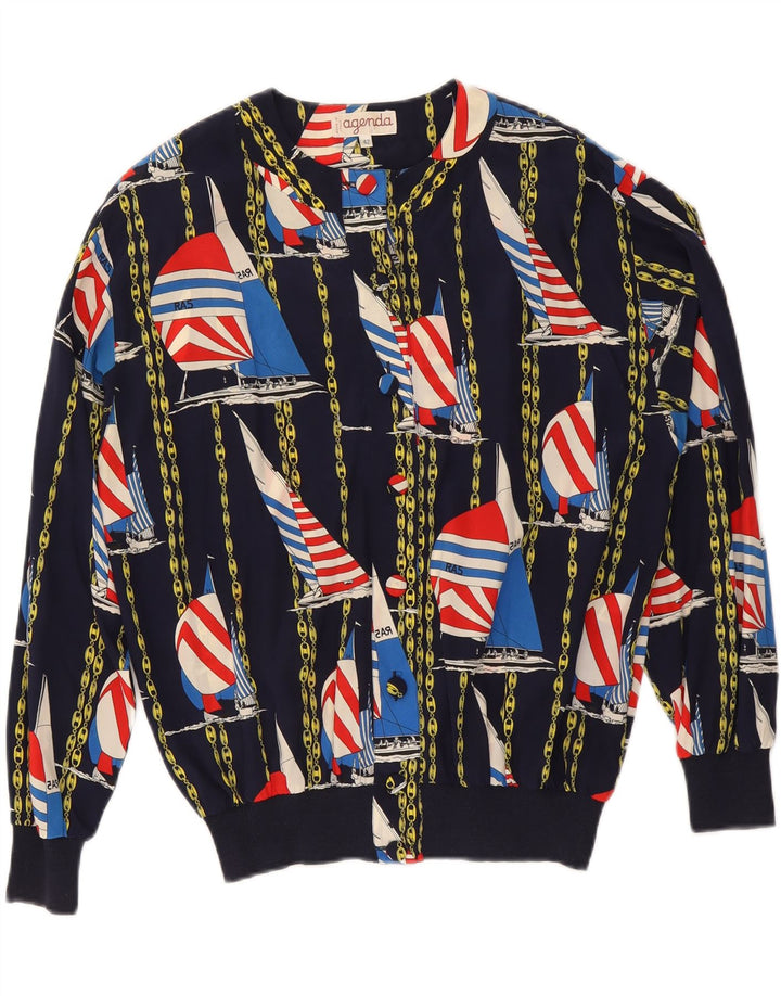 AGENDA Womens Abstract Pattern Bomber Jacket IT 42 Medium Navy Blue Silk