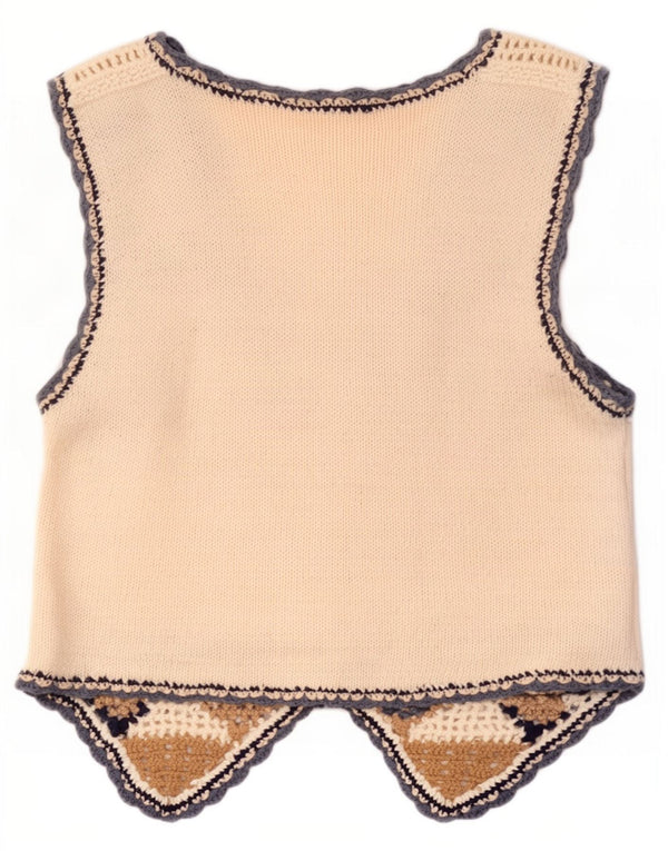Vintage Womens Crochet Waistcoat UK 10 Small Off White Geometric Ramie
