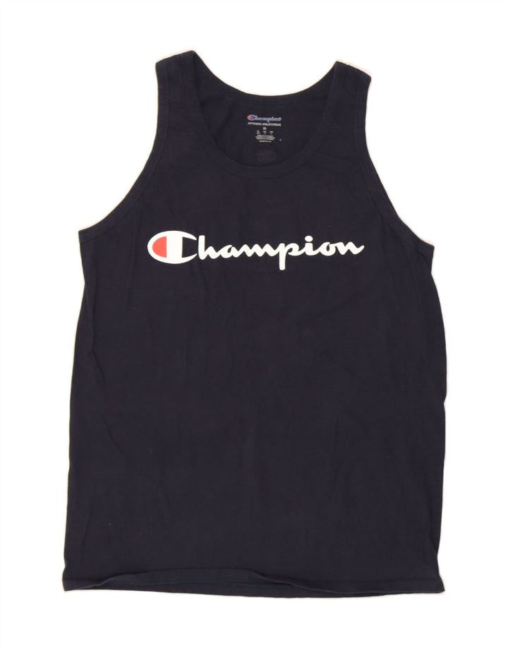 CHAMPION Womens Graphic Vest Top UK 14 Medium Navy Blue Cotton Vintage Champion and Second-Hand Champion from Messina Hembry 