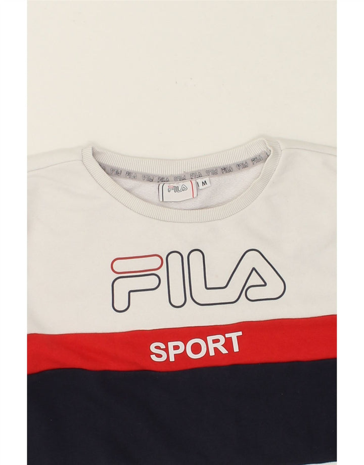 FILA Womens Graphic Sweatshirt Jumper UK 14 Medium White Colourblock Vintage Fila and Second-Hand Fila from Messina Hembry 