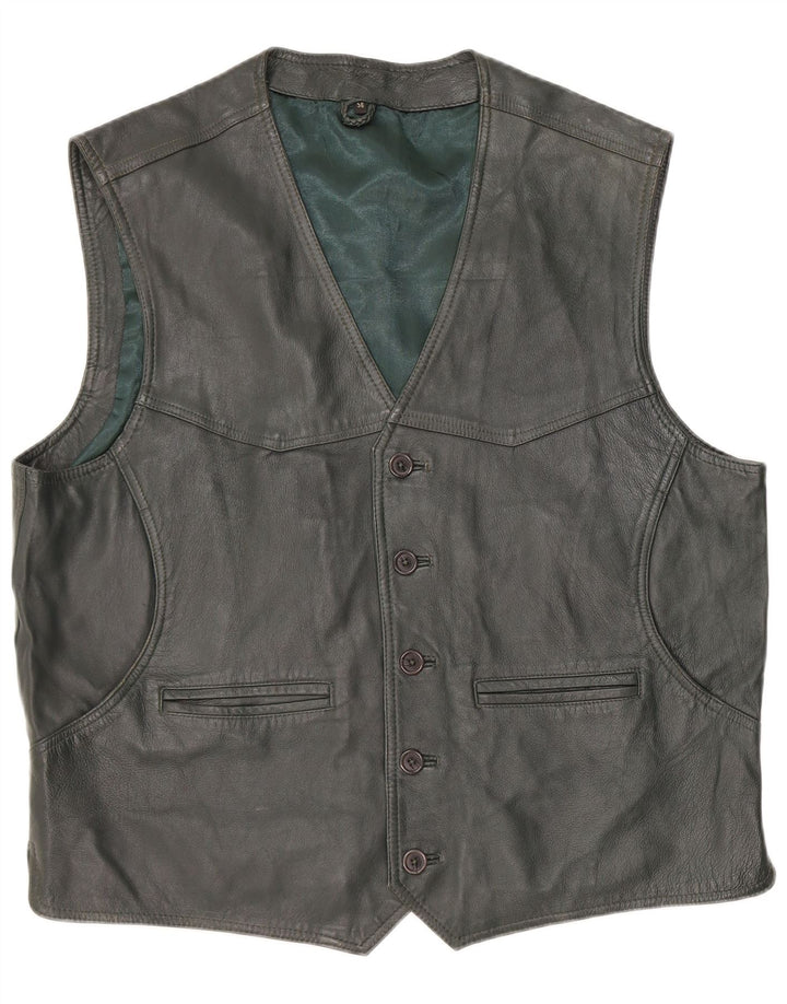 VINTAGE Mens Leather Waistcoat IT 56 2XL Khaki Leather