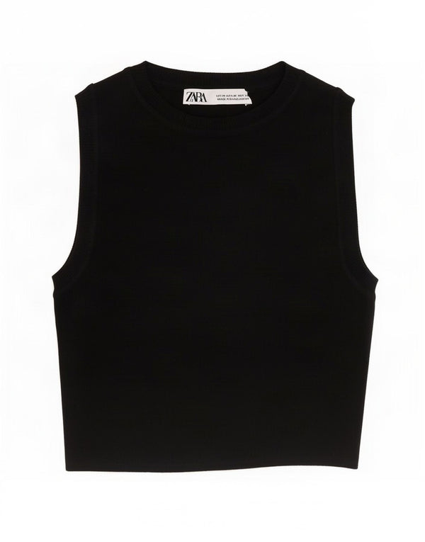 Zara Womens Crop Vest Top UK 12 Medium Black Viscose