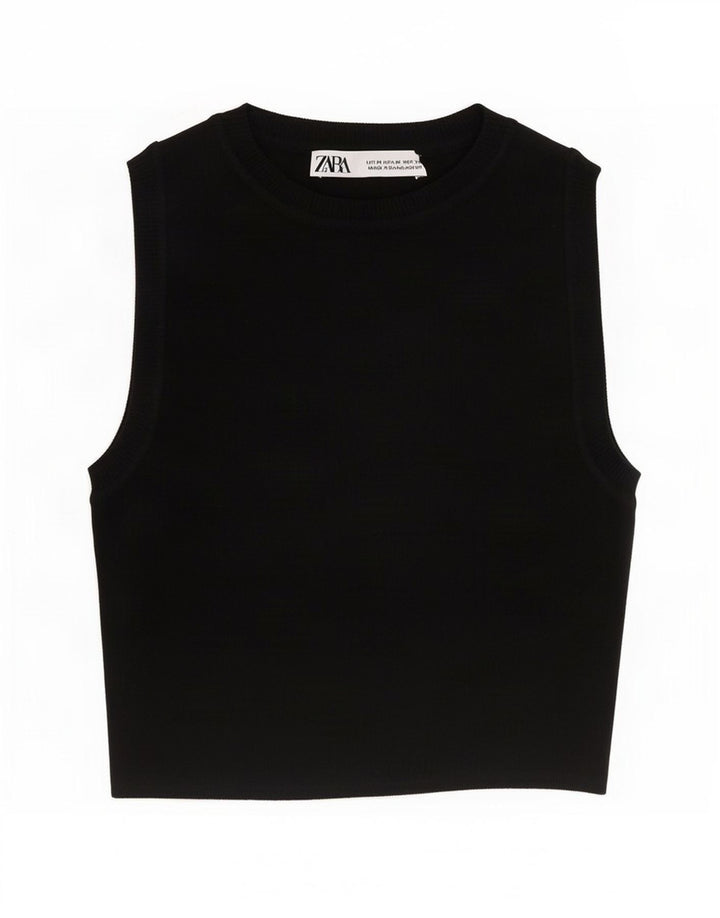 Zara Womens Crop Vest Top UK 12 Medium Black Viscose