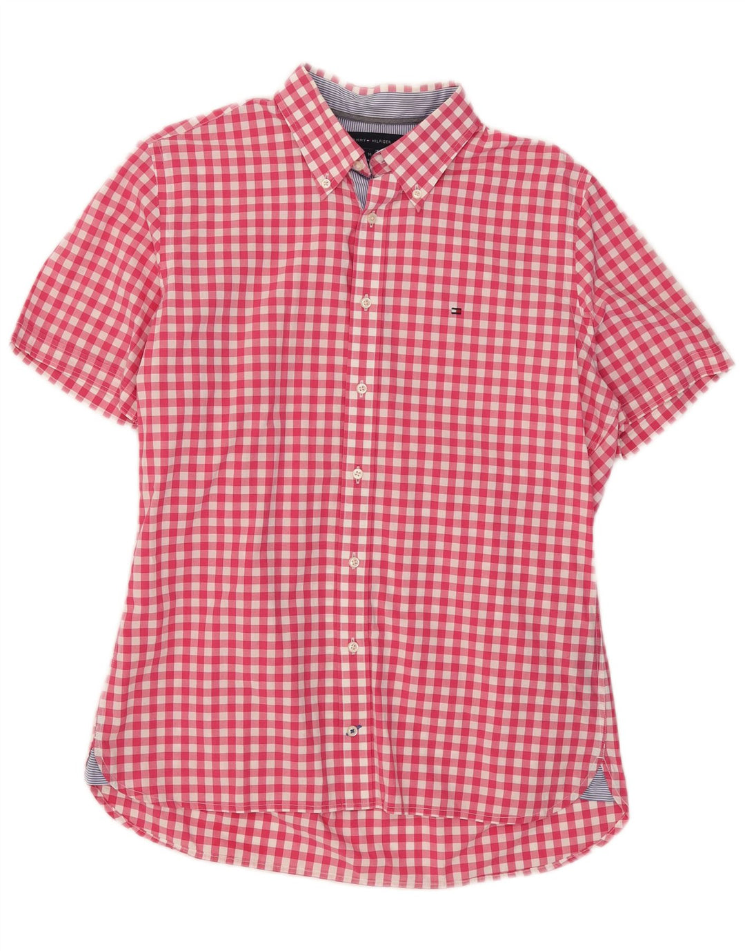 Tommy Hilfiger Mens Short Sleeve Custom Fit Shirt Medium Red Gingham Cotton
