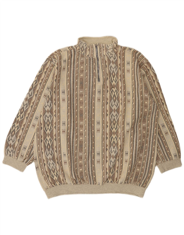 Vintage Mens Zip Neck Sweatshirt Jumper 2XL Multicoloured Geometric Cotton