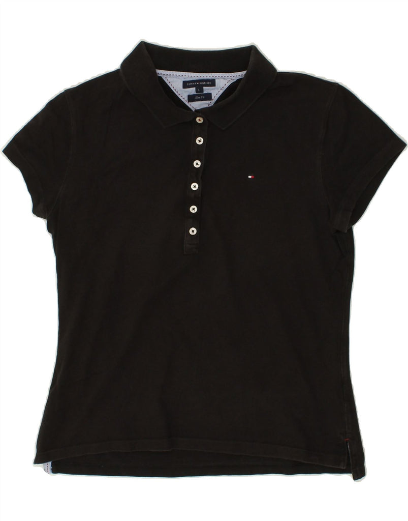 TOMMY HILFIGER Womens Slim Fit Polo Shirt UK 14 Large Black Cotton | Vintage Tommy Hilfiger | Thrift | Second-Hand Tommy Hilfiger | Used Clothing | Messina Hembry 