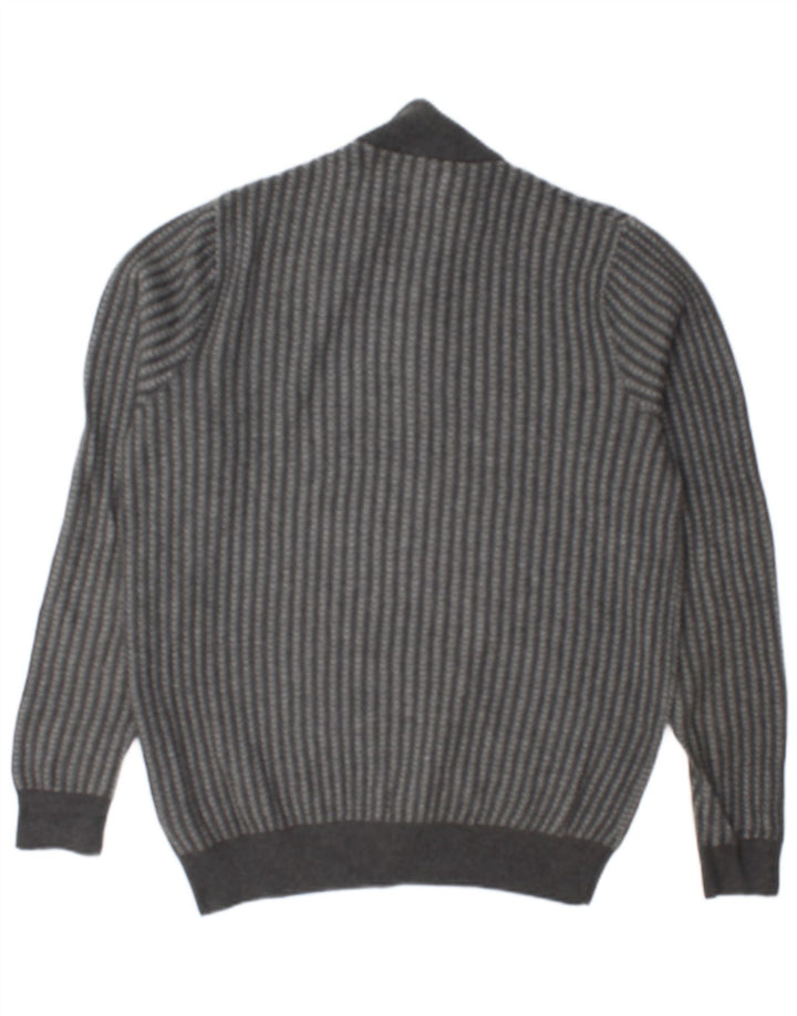MARKS & SPENCER Mens Zip Neck Jumper Sweater Medium Grey Striped Cotton