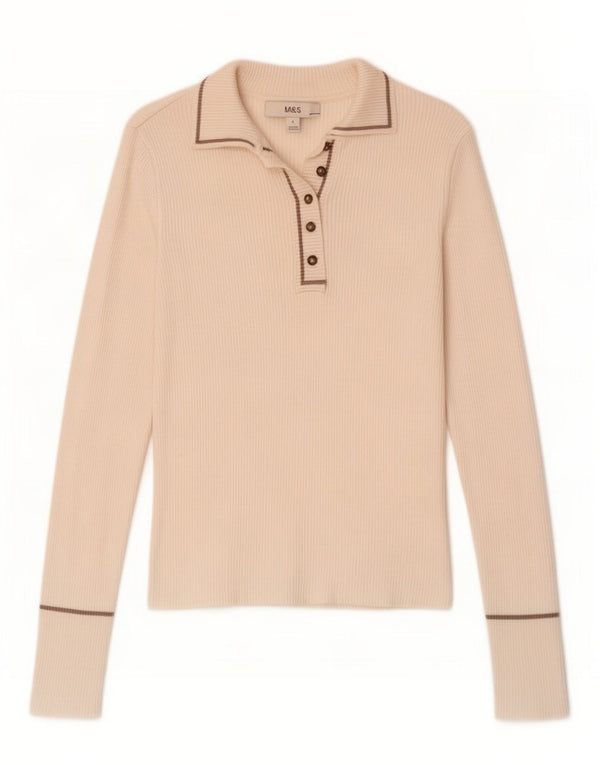 Marks & Spencer Womens Long Sleeve Polo Shirt UK 8 Small White Viscose