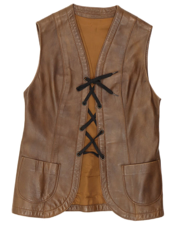 Vintage Womens Leather Gilet UK 12 Medium Brown