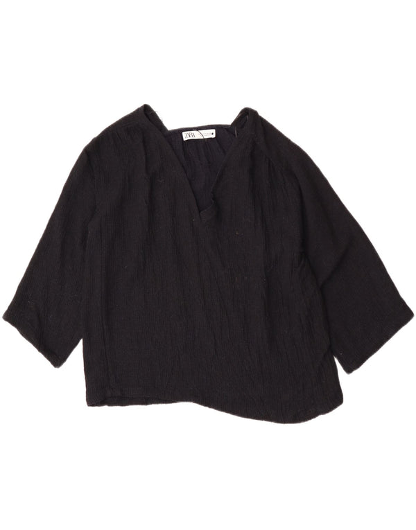 Zara Womens 3/4 Sleeve Oversized Blouse Top UK 6 XS Navy Blue Viscose