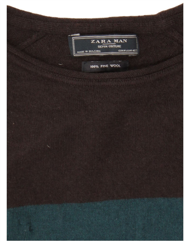 Zara Mens Boat Neck Jumper Sweater Medium Multicoloured Colourblock Wool