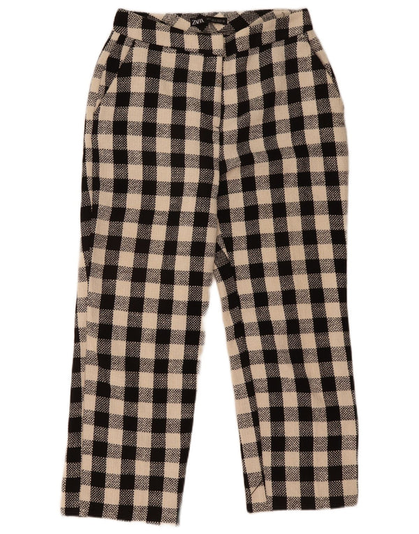 Zara Womens Straight Cropped Trousers Small W27 L24 Black Check Cotton