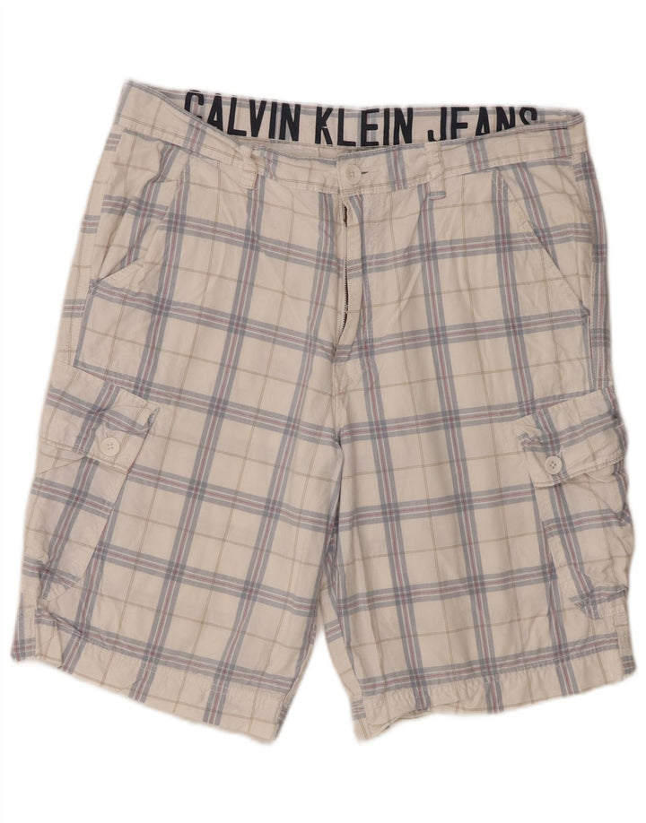 Calvin Klein Mens Cargo Shorts W34 Large White Check Cotton