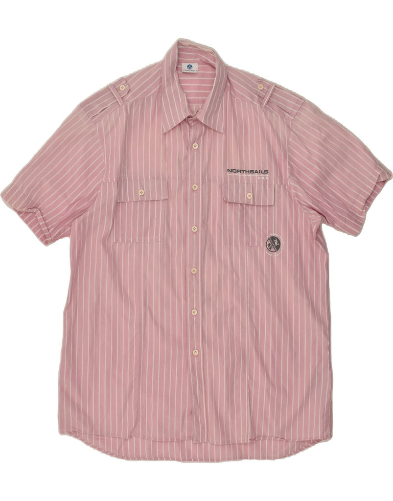 NORTH SAILS Mens Military Graphic Short Sleeve Shirt 2XL Pink Pinstripe Vintage North Sails and Second-Hand North Sails from Messina Hembry 