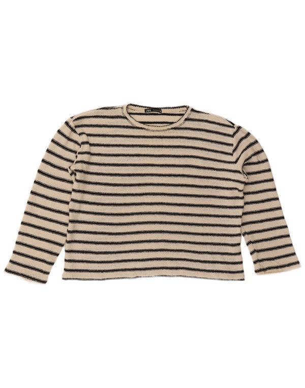 Zara Womens Crop Boat Neck Jumper Sweater UK 16 Large Off White Striped