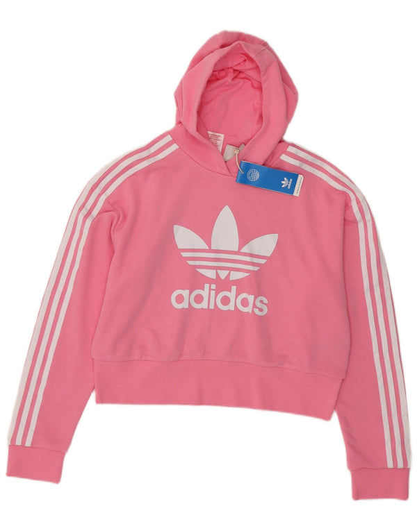 Adidas Girls Graphic Crop Hoodie Jumper 13-14 Years Large Pink Cotton
