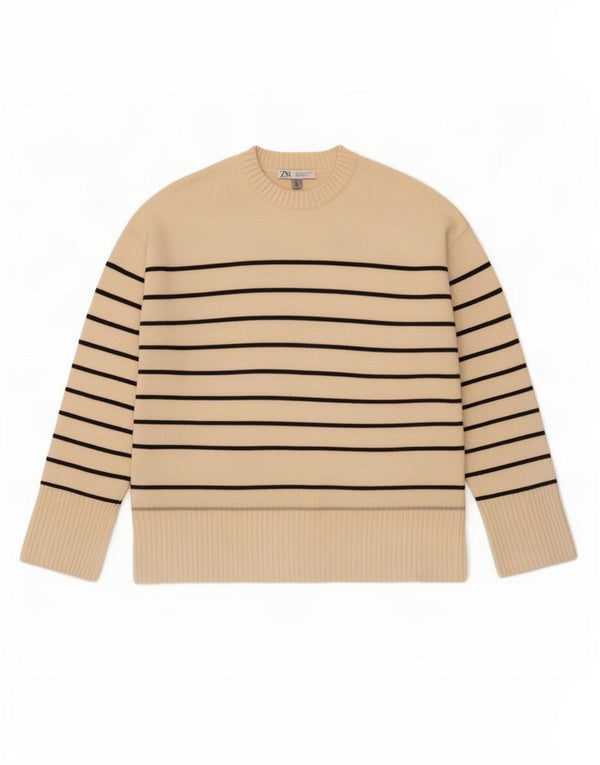 Zara Womens Crew Neck Jumper Sweater UK 10 Small Off White Striped