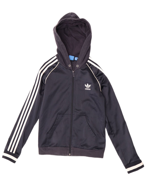 Adidas Womens Hooded Tracksuit Top Jacket UK 10 Small Navy Blue Polyester