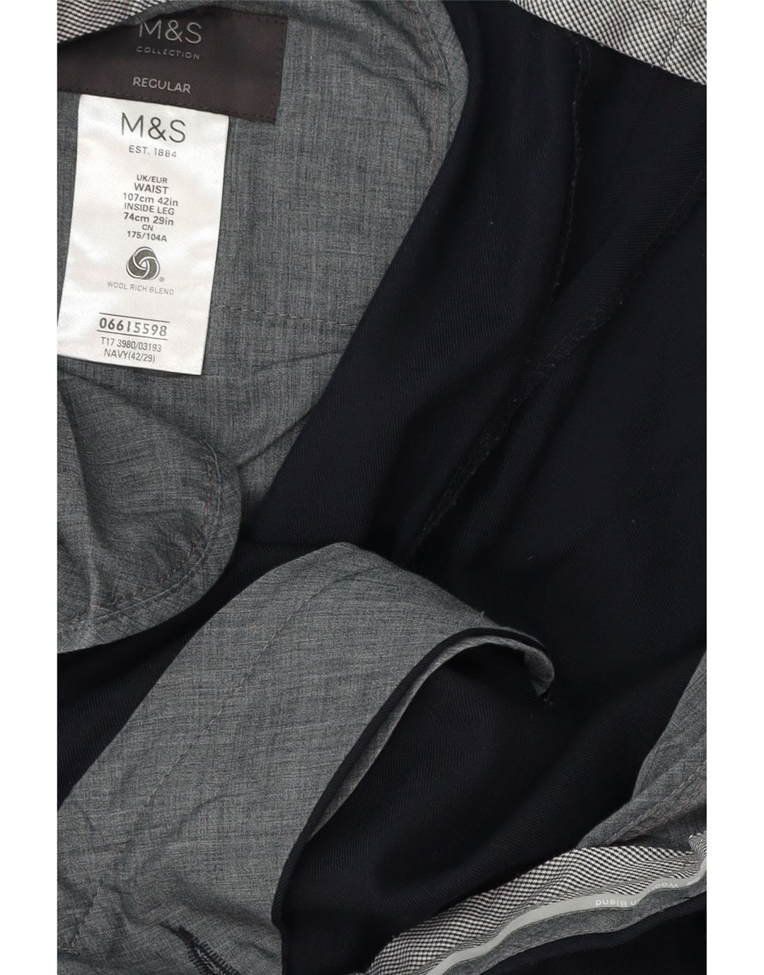 MARKS & SPENCER Mens Regular Fit Suit Trousers W42 L29 Navy Blue Wool