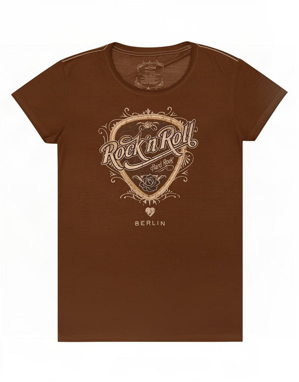 Hard Rock Cafe Womens Berlin Graphic T-Shirt Top UK 12 Medium Brown Cotton