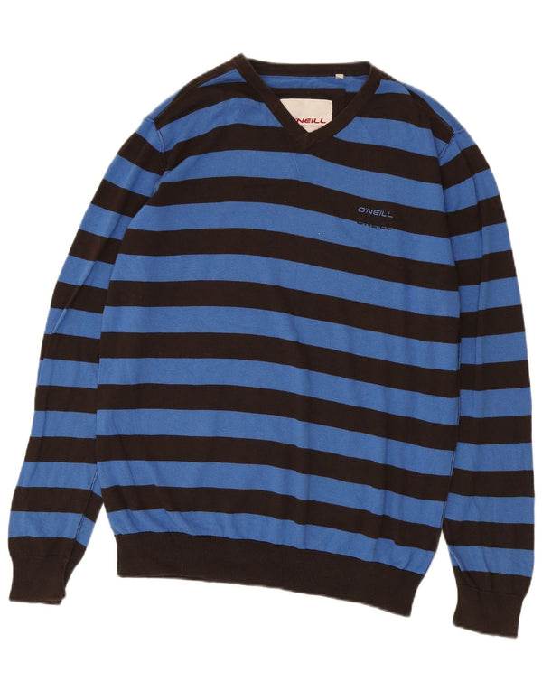 O'Neill Mens V-Neck Jumper Sweater Medium Blue Striped