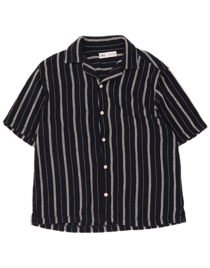 Zara Mens Short Sleeve Shirt Medium Navy Blue Striped Cotton